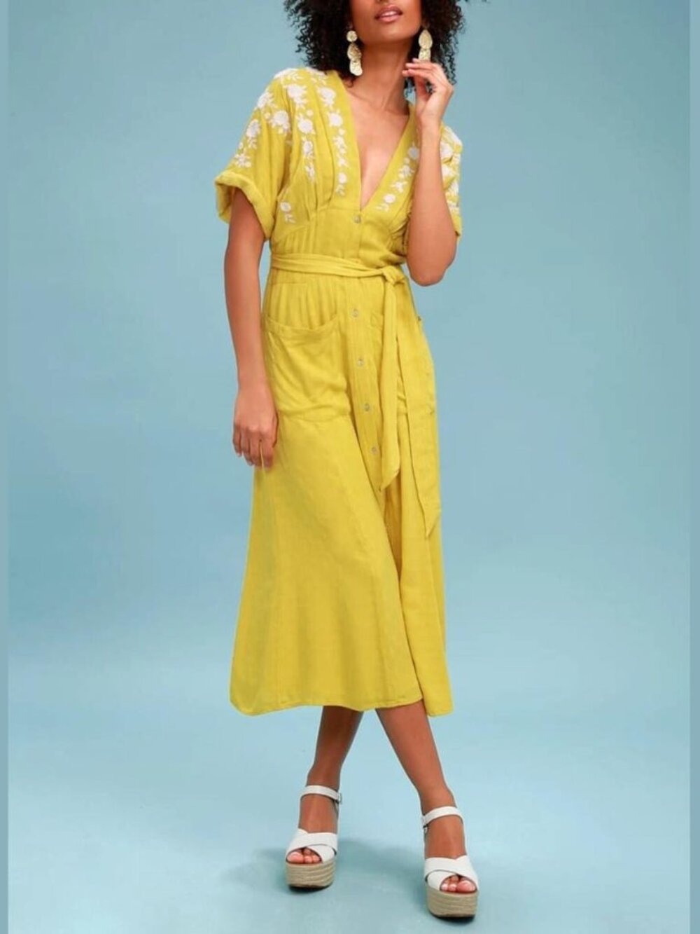 Free People Love to Love You Mustard Yellow Embroidered Button-Up Midi Dress XS